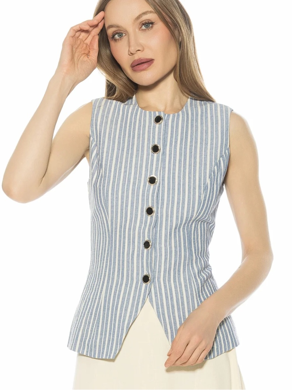 NWT Alexia Admor Kinsley Striped Cotton Linen Blend Vest Top in Blue Stripe Sz 4